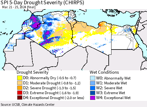 North Africa SPI 5-Day Drought Severity (CHIRPS) Thematic Map For 3/21/2024 - 3/25/2024