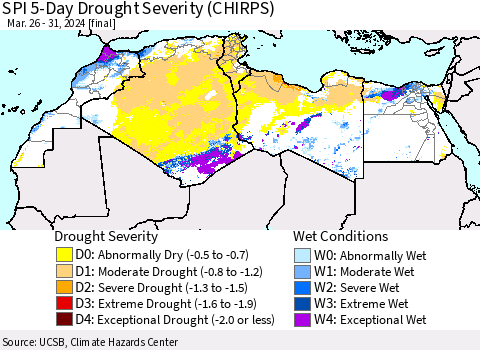 North Africa SPI 5-Day Drought Severity (CHIRPS) Thematic Map For 3/26/2024 - 3/31/2024