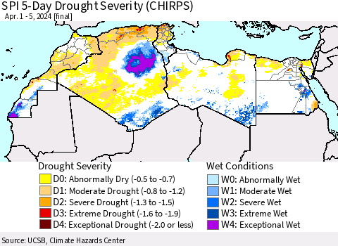 North Africa SPI 5-Day Drought Severity (CHIRPS) Thematic Map For 4/1/2024 - 4/5/2024