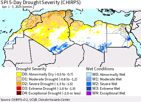 North Africa SPI 5-Day Drought Severity (CHIRPS) Thematic Map For 4/1/2024 - 4/5/2024