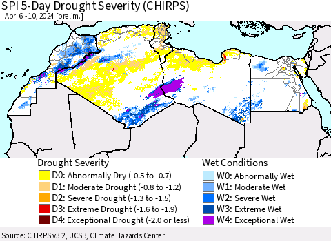 North Africa SPI 5-Day Drought Severity (CHIRPS) Thematic Map For 4/6/2024 - 4/10/2024