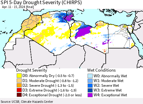 North Africa SPI 5-Day Drought Severity (CHIRPS) Thematic Map For 4/11/2024 - 4/15/2024