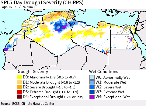 North Africa SPI 5-Day Drought Severity (CHIRPS) Thematic Map For 4/16/2024 - 4/20/2024
