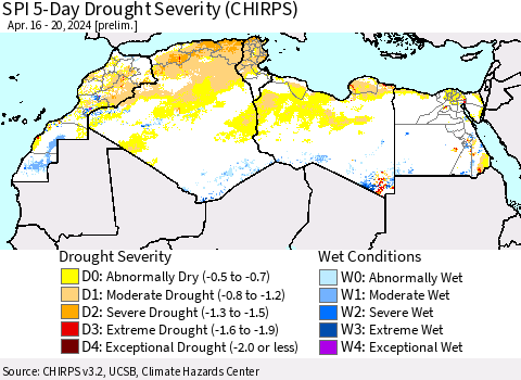 North Africa SPI 5-Day Drought Severity (CHIRPS) Thematic Map For 4/16/2024 - 4/20/2024
