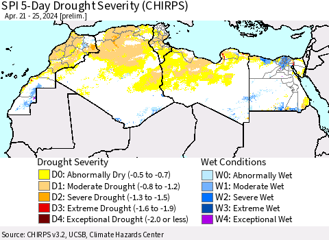 North Africa SPI 5-Day Drought Severity (CHIRPS) Thematic Map For 4/21/2024 - 4/25/2024
