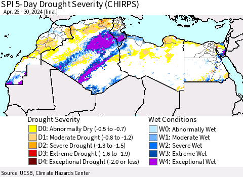 North Africa SPI 5-Day Drought Severity (CHIRPS) Thematic Map For 4/26/2024 - 4/30/2024