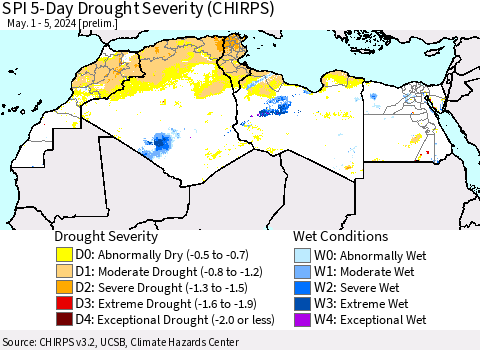 North Africa SPI 5-Day Drought Severity (CHIRPS) Thematic Map For 5/1/2024 - 5/5/2024