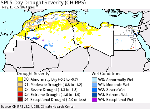 North Africa SPI 5-Day Drought Severity (CHIRPS) Thematic Map For 5/11/2024 - 5/15/2024