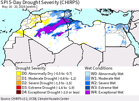 North Africa SPI 5-Day Drought Severity (CHIRPS) Thematic Map For 5/16/2024 - 5/20/2024