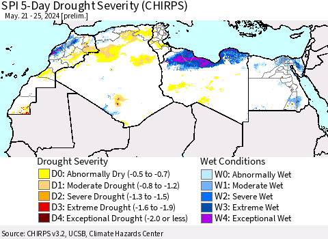North Africa SPI 5-Day Drought Severity (CHIRPS) Thematic Map For 5/21/2024 - 5/25/2024