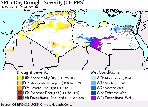 North Africa SPI 5-Day Drought Severity (CHIRPS) Thematic Map For 5/26/2024 - 5/31/2024