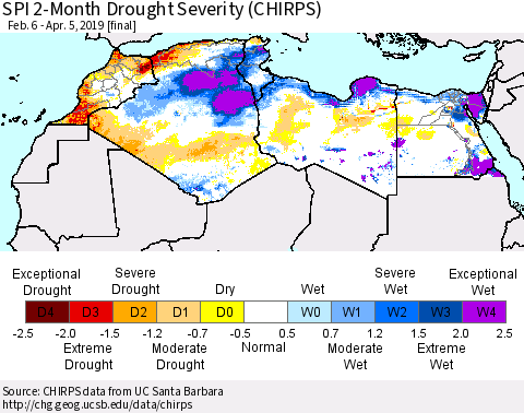 North Africa SPI 2-Month Drought Severity (CHIRPS) Thematic Map For 2/6/2019 - 4/5/2019