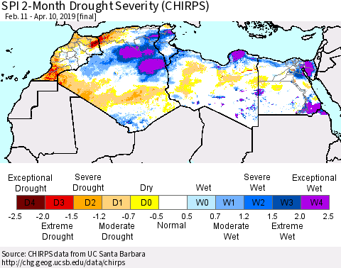 North Africa SPI 2-Month Drought Severity (CHIRPS) Thematic Map For 2/11/2019 - 4/10/2019