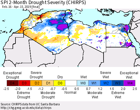 North Africa SPI 2-Month Drought Severity (CHIRPS) Thematic Map For 2/16/2019 - 4/15/2019
