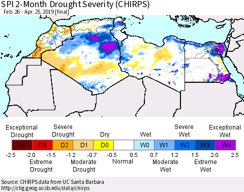 North Africa SPI 2-Month Drought Severity (CHIRPS) Thematic Map For 2/26/2019 - 4/25/2019