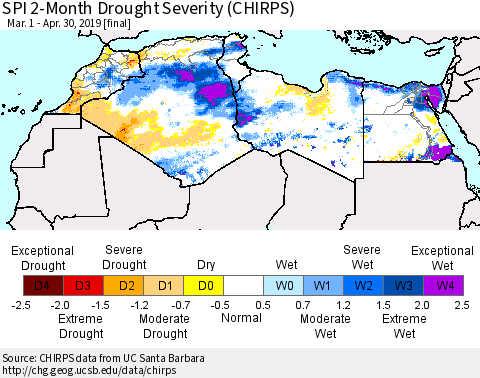 North Africa SPI 2-Month Drought Severity (CHIRPS) Thematic Map For 3/1/2019 - 4/30/2019