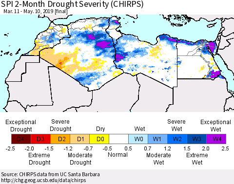 North Africa SPI 2-Month Drought Severity (CHIRPS) Thematic Map For 3/11/2019 - 5/10/2019