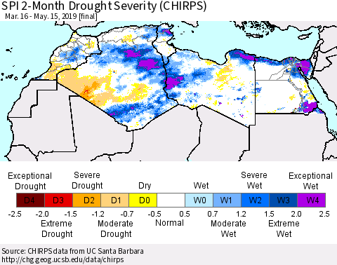 North Africa SPI 2-Month Drought Severity (CHIRPS) Thematic Map For 3/16/2019 - 5/15/2019