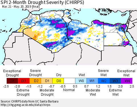 North Africa SPI 2-Month Drought Severity (CHIRPS) Thematic Map For 3/21/2019 - 5/20/2019