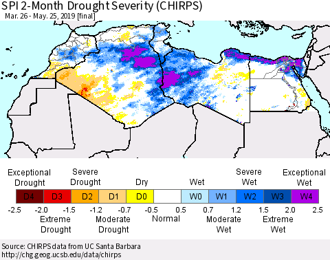 North Africa SPI 2-Month Drought Severity (CHIRPS) Thematic Map For 3/26/2019 - 5/25/2019