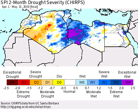 North Africa SPI 2-Month Drought Severity (CHIRPS) Thematic Map For 4/1/2019 - 5/31/2019
