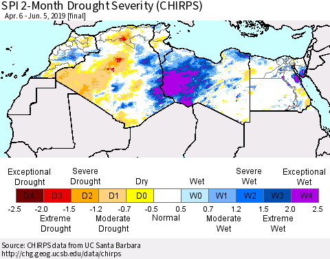 North Africa SPI 2-Month Drought Severity (CHIRPS) Thematic Map For 4/6/2019 - 6/5/2019