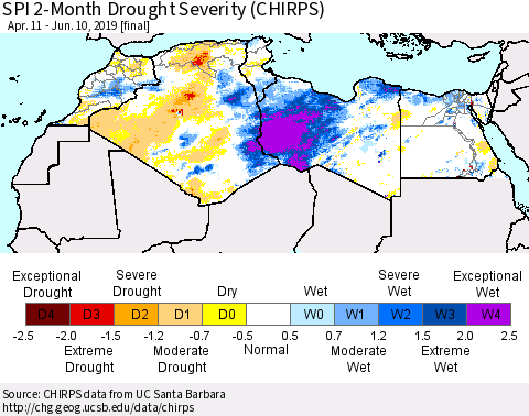 North Africa SPI 2-Month Drought Severity (CHIRPS) Thematic Map For 4/11/2019 - 6/10/2019