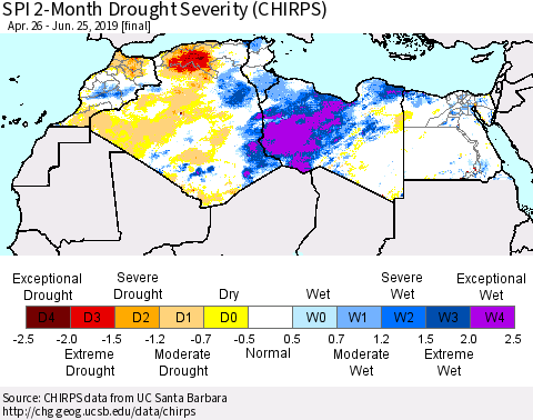 North Africa SPI 2-Month Drought Severity (CHIRPS) Thematic Map For 4/26/2019 - 6/25/2019