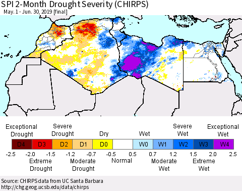 North Africa SPI 2-Month Drought Severity (CHIRPS) Thematic Map For 5/1/2019 - 6/30/2019