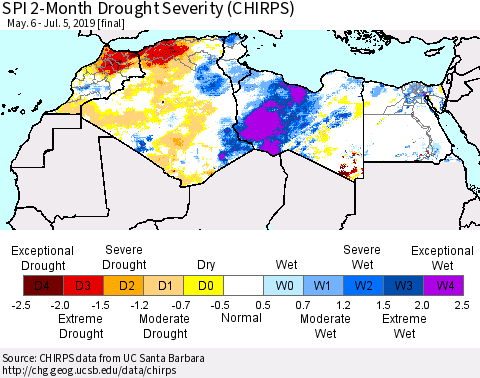 North Africa SPI 2-Month Drought Severity (CHIRPS) Thematic Map For 5/6/2019 - 7/5/2019