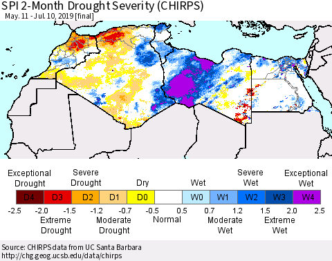 North Africa SPI 2-Month Drought Severity (CHIRPS) Thematic Map For 5/11/2019 - 7/10/2019