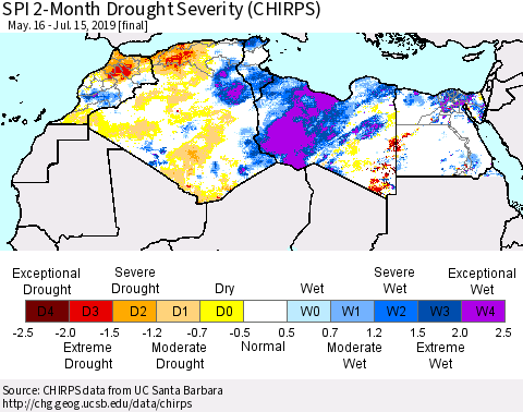 North Africa SPI 2-Month Drought Severity (CHIRPS) Thematic Map For 5/16/2019 - 7/15/2019