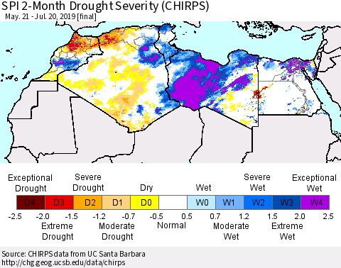 North Africa SPI 2-Month Drought Severity (CHIRPS) Thematic Map For 5/21/2019 - 7/20/2019