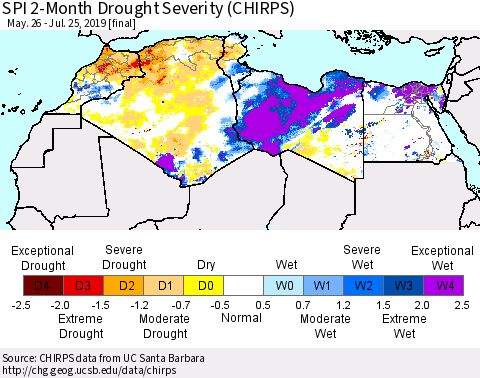 North Africa SPI 2-Month Drought Severity (CHIRPS) Thematic Map For 5/26/2019 - 7/25/2019