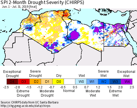 North Africa SPI 2-Month Drought Severity (CHIRPS) Thematic Map For 6/1/2019 - 7/31/2019