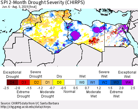 North Africa SPI 2-Month Drought Severity (CHIRPS) Thematic Map For 6/6/2019 - 8/5/2019