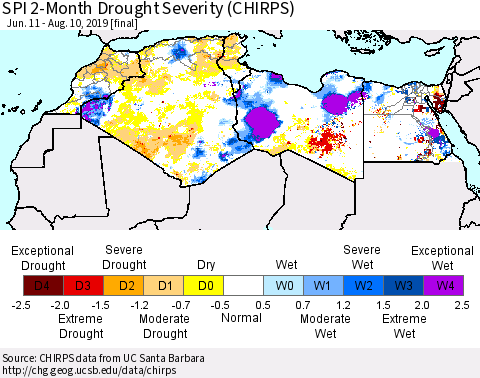 North Africa SPI 2-Month Drought Severity (CHIRPS) Thematic Map For 6/11/2019 - 8/10/2019