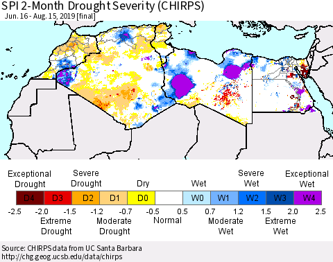 North Africa SPI 2-Month Drought Severity (CHIRPS) Thematic Map For 6/16/2019 - 8/15/2019