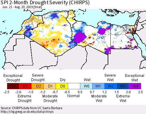 North Africa SPI 2-Month Drought Severity (CHIRPS) Thematic Map For 6/21/2019 - 8/20/2019