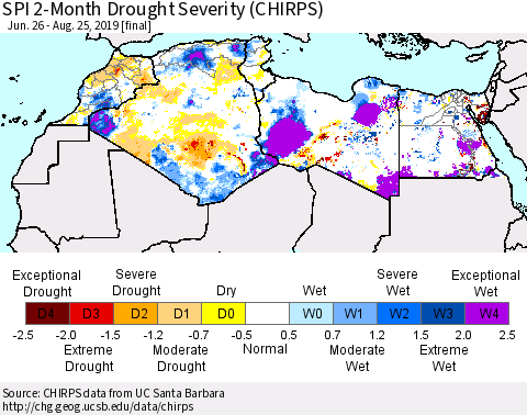 North Africa SPI 2-Month Drought Severity (CHIRPS) Thematic Map For 6/26/2019 - 8/25/2019