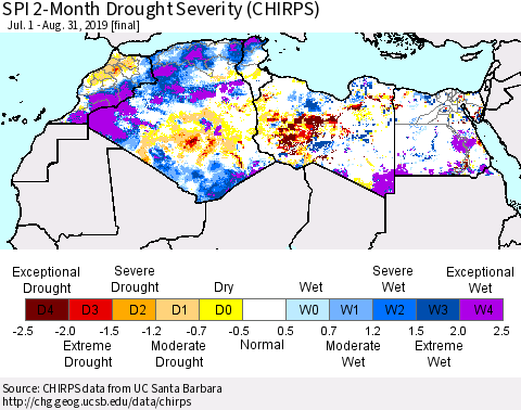 North Africa SPI 2-Month Drought Severity (CHIRPS) Thematic Map For 7/1/2019 - 8/31/2019