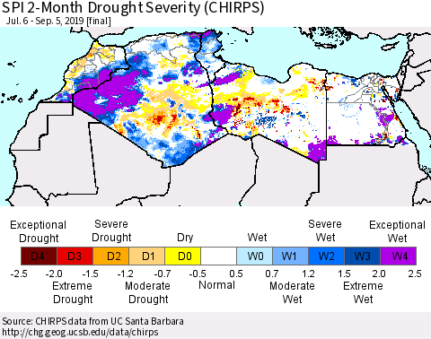 North Africa SPI 2-Month Drought Severity (CHIRPS) Thematic Map For 7/6/2019 - 9/5/2019
