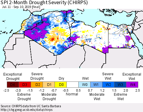 North Africa SPI 2-Month Drought Severity (CHIRPS) Thematic Map For 7/11/2019 - 9/10/2019