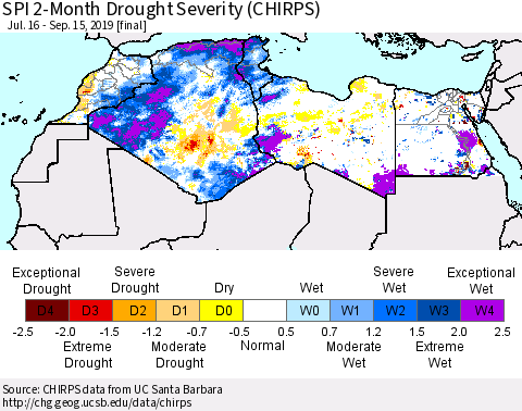 North Africa SPI 2-Month Drought Severity (CHIRPS) Thematic Map For 7/16/2019 - 9/15/2019