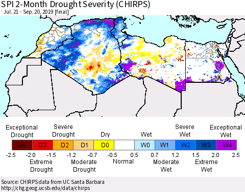 North Africa SPI 2-Month Drought Severity (CHIRPS) Thematic Map For 7/21/2019 - 9/20/2019
