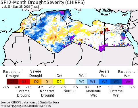 North Africa SPI 2-Month Drought Severity (CHIRPS) Thematic Map For 7/26/2019 - 9/25/2019