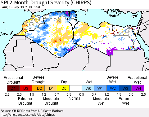 North Africa SPI 2-Month Drought Severity (CHIRPS) Thematic Map For 8/1/2019 - 9/30/2019