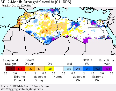 North Africa SPI 2-Month Drought Severity (CHIRPS) Thematic Map For 8/11/2019 - 10/10/2019