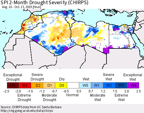 North Africa SPI 2-Month Drought Severity (CHIRPS) Thematic Map For 8/16/2019 - 10/15/2019