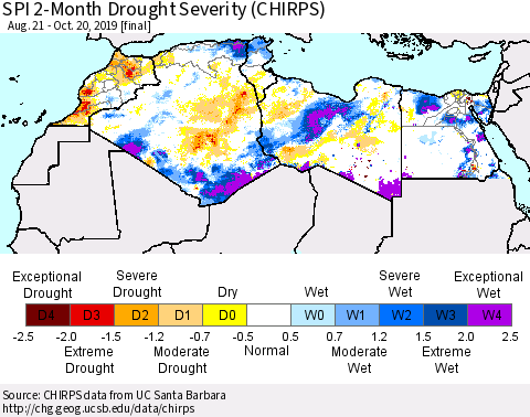 North Africa SPI 2-Month Drought Severity (CHIRPS) Thematic Map For 8/21/2019 - 10/20/2019
